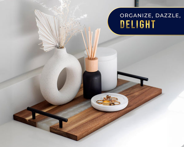 Pearl White Resin & Acacia Wood Serving Tray with Handles – 16x9" Charcuterie Board for Food, Decor & Entertaining