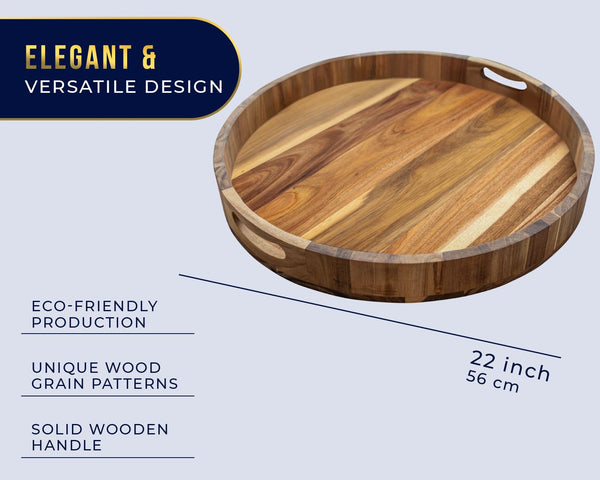 Modern 22" Acacia Wood Round Serving Tray – Oil Finish for Food, Breakfast in Bed, Coffee Table, Snacks, Decor & More