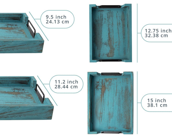Rustic Blue Wooden Serving Trays with Handles – Set of 2 Nesting Trays (Large & Small) for Breakfast, Coffee Table, Butler & More