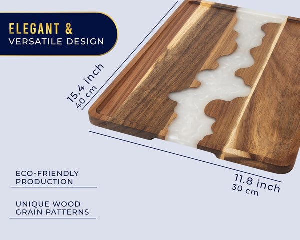 Modern 12x16 Pearl White Resin & Acacia Wood Serving Tray – Stylish Tray for Food, Breakfast in Bed, Coffee Table, Décor & More