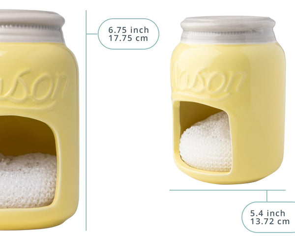 Farmhouse Ceramic Sponge Holder – Mason Jar Sink Caddy in Yellow – Rustic Kitchen Decor with Free Sponge