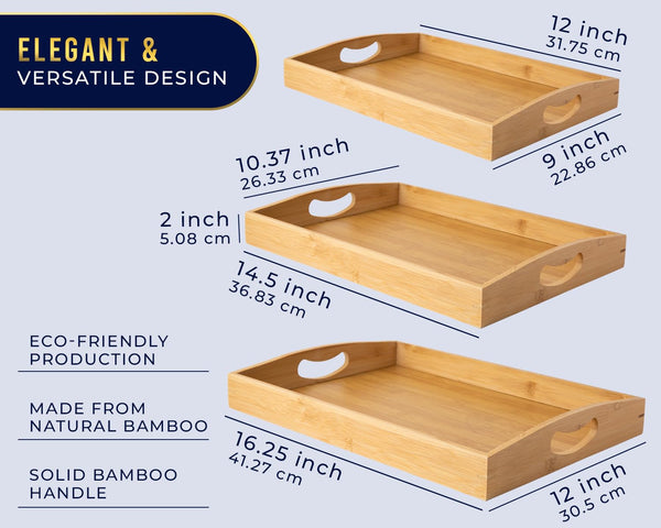 Set of 3 Bamboo Serving Trays – Minimalist Ottoman Trays for Food, Drinks & Home Décor