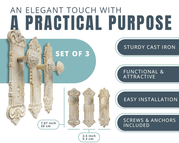 Set of 3 Shabby Chic Cast Iron Wall Hooks – Rustic White "Door Knob" Design – Vintage Decorative Coat Hooks with Screws & Anchors Included