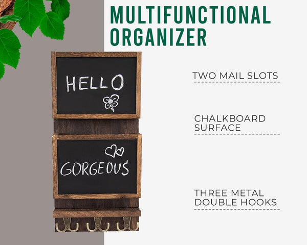 Rustic 2-Slot Mail Sorter Organizer for Wall with Chalkboard Surface & 3 Double Key Hooks