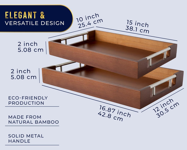 Modern Bamboo Serving Tray with Metal Handles – Dark Brown Wooden Ottoman Tray for Food, Entertaining & Decor