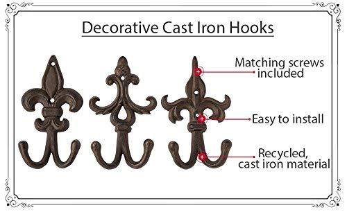 Set of 3 Rustic Cast Iron Fleur De Lis Wall Hooks – Decorative Double Coat Hangers with Screws & Anchors – Wall Mounted Vintage-Style Hooks by Comfify