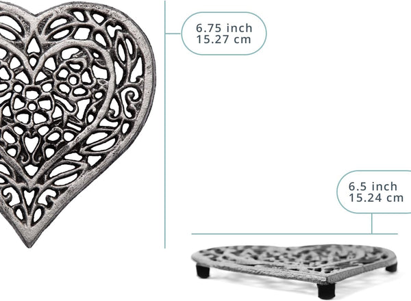 Cast Iron “Heart” Trivet with Rustic Finish and Rubber Pegs