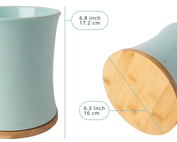 Comfify Blue Ceramic Utensil Holder with Bamboo Base – Large Kitchen Counter Organizer for Spoons, Spatulas & Cooking Tools