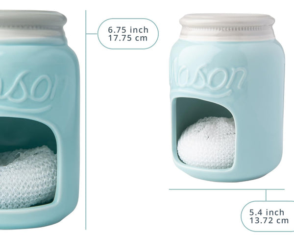 Ceramic Sponge Holder for Kitchen Sink – Farmhouse Mason Jar Style Caddy – Aqua Blue Rustic Décor with Free Sponge