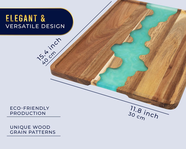 Celeste Blue Resin & Acacia Wood Serving Tray – Modern 12x16 Inch Tray for Serving Food, Breakfast in Bed, Coffee Table Decor, Snacks, Patio, and Organization