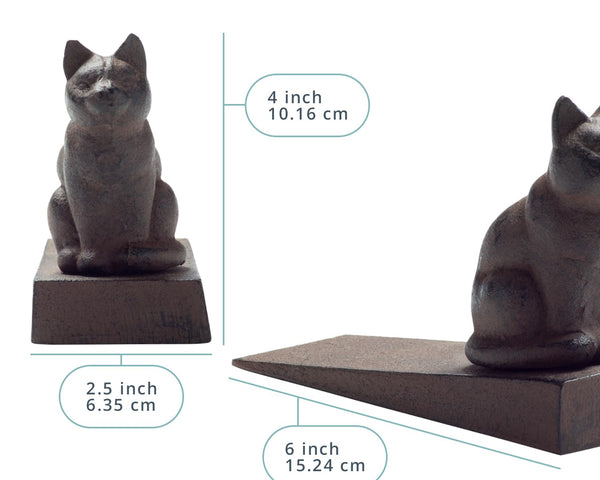 Vintage Cast Iron Cat Door Stop Wedge – Decorative Rust Brown Finish – detail close-up – Comfify