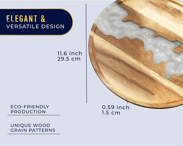 Modern Round 12" Serving Tray – Pearl White Resin & Acacia Wood | Elegant Tray for Food, Coffee Table, Breakfast in Bed & Home Decor