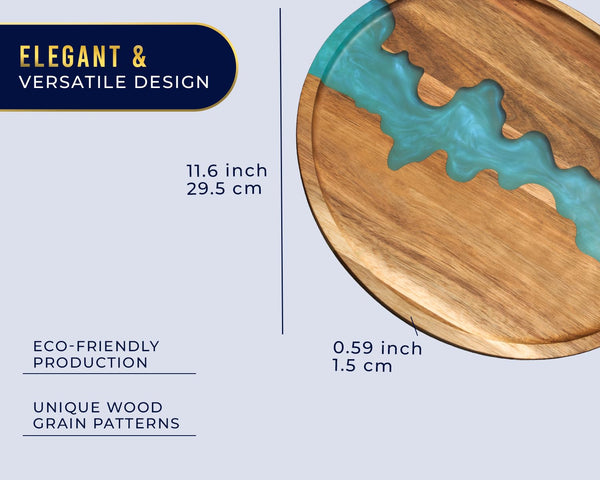 Modern Round Serving Tray – 12" Pearl White Resin & Acacia Wood Tray for Food, Breakfast in Bed, Coffee Table, Decor & More
