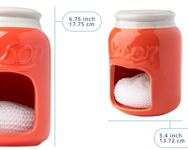 Comfify Coral Ceramic Sponge Holder – Farmhouse Mason Jar Sink Caddy with Free Sponge – Rustic Kitchen & Sink Decor Accessory