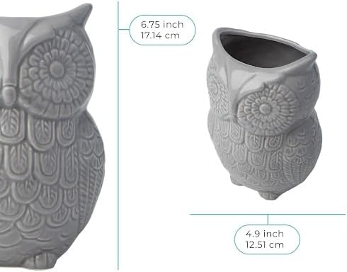 Owl Utensil Holder Decorative Ceramic Cookware Crock & Organizer, in Lovely Grey Color - Utensil Caddy and Perfect Kitchen Ceramic Decor Gift - 5" L x 7" H x 4" W – packaging view – Comfify