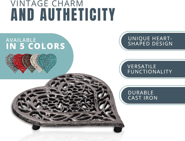 Cast Iron “Heart” Trivet with Rustic Finish and Rubber Pegs