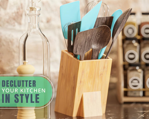 Modern Bamboo Utensil Holder for Kitchen Counter – Large Upright Utensil Crock & Organizer by Comfify