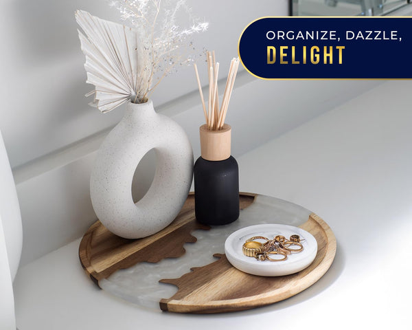 Modern Round 12" Serving Tray – Pearl White Resin & Acacia Wood | Elegant Tray for Food, Coffee Table, Breakfast in Bed & Home Decor
