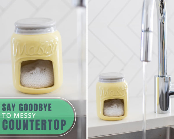 Farmhouse Ceramic Sponge Holder – Mason Jar Sink Caddy in Yellow – Rustic Kitchen Decor with Free Sponge
