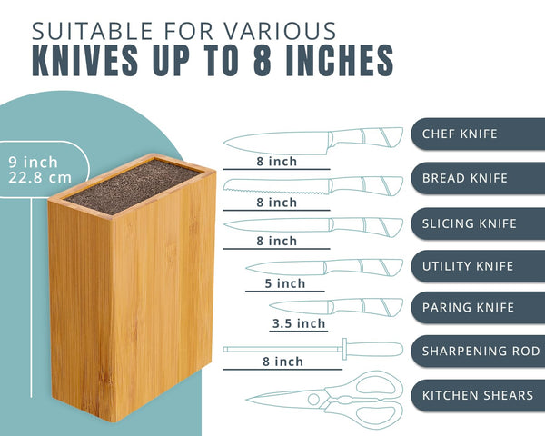 Ergonomic Bamboo Knife Block – Wide Countertop Holder for All Knife Sizes – Sleek, Durable & Versatile Kitchen Organizer