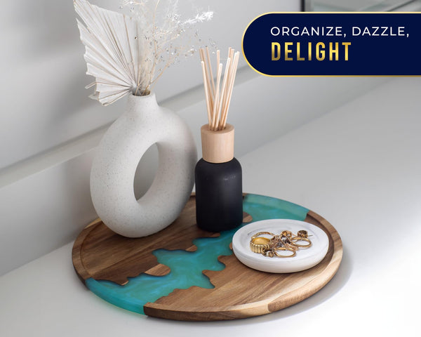 Modern Round Serving Tray – 12" Pearl White Resin & Acacia Wood Tray for Food, Breakfast in Bed, Coffee Table, Decor & More
