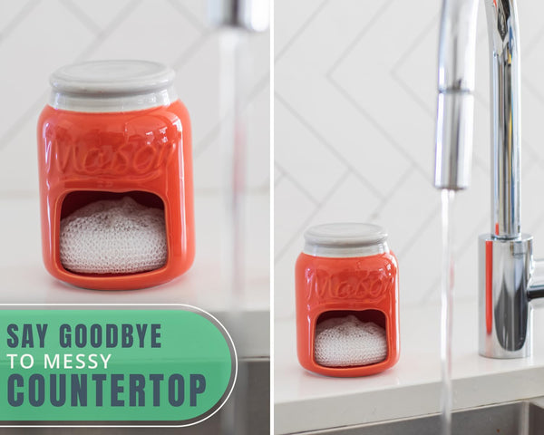 Comfify Coral Ceramic Sponge Holder – Farmhouse Mason Jar Sink Caddy with Free Sponge – Rustic Kitchen & Sink Decor Accessory
