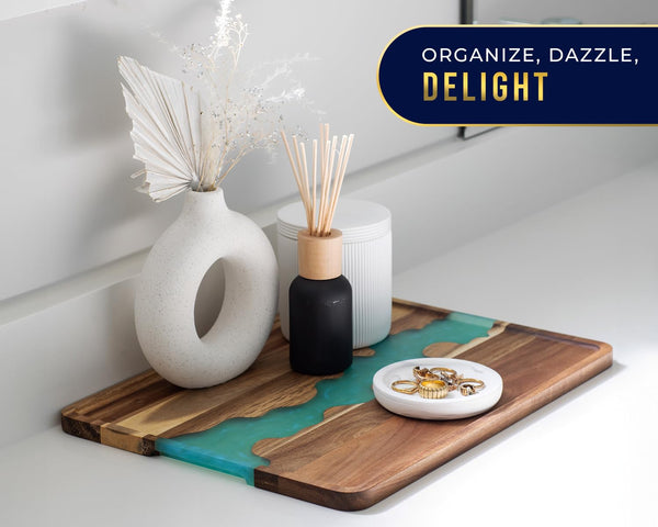 Celeste Blue Resin & Acacia Wood Serving Tray – Modern 12x16 Inch Tray for Serving Food, Breakfast in Bed, Coffee Table Decor, Snacks, Patio, and Organization