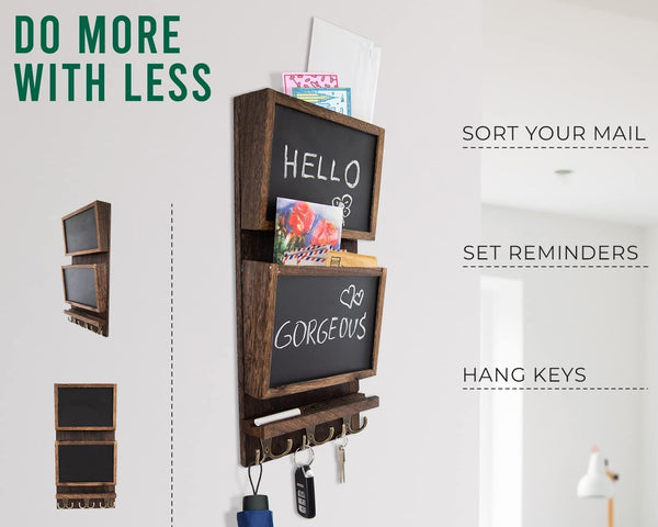 Rustic 2-Slot Mail Sorter Organizer for Wall with Chalkboard Surface & 3 Double Key Hooks