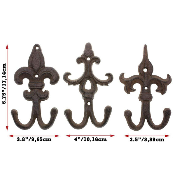 Set of 3 Rustic Cast Iron Fleur De Lis Wall Hooks – Decorative Double Coat Hangers with Screws & Anchors – Wall Mounted Vintage-Style Hooks by Comfify
