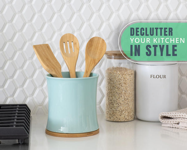 Comfify Blue Ceramic Utensil Holder with Bamboo Base – Large Kitchen Counter Organizer for Spoons, Spatulas & Cooking Tools