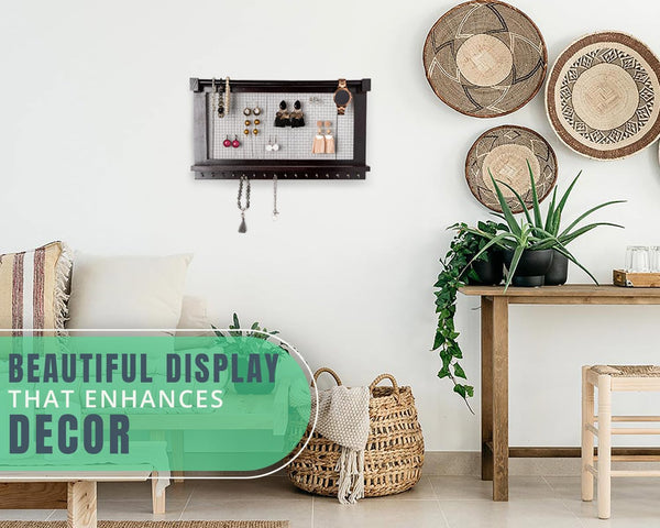 Rustic Wall Mounted Jewelry Organizer – Vintage Jewelry Holder with Shelf, Removable Bracelet Rod & 16 Hooks for Earrings, Necklaces & Bracelets