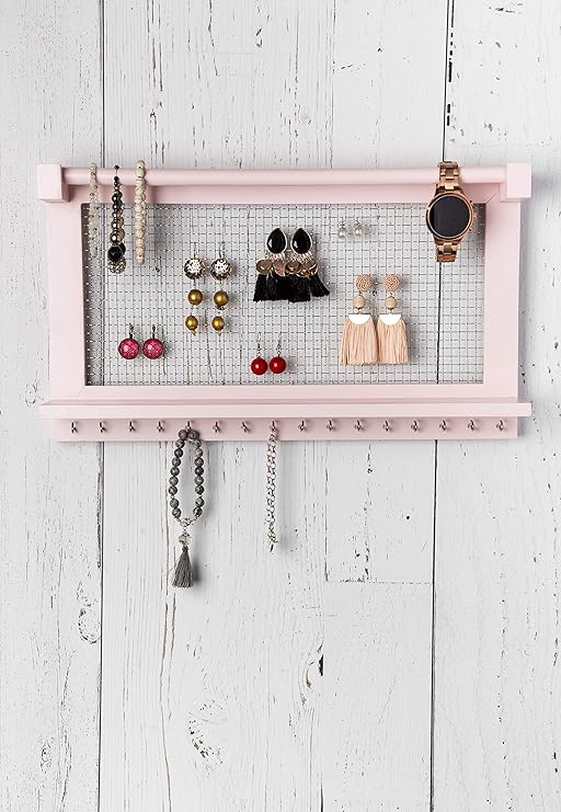 Rustic Wall-Mounted Jewelry Organizer – Pink Wooden Holder with Shelf, Bracelet Rod & 16 Hooks for Earrings & Necklaces