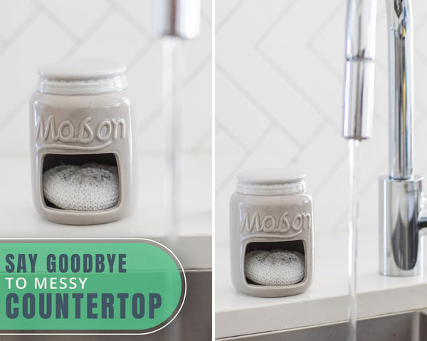 Farmhouse Ceramic Sponge Holder – Rustic Mason Jar Sink Caddy with Free Sponge – Grey Kitchen Decor
