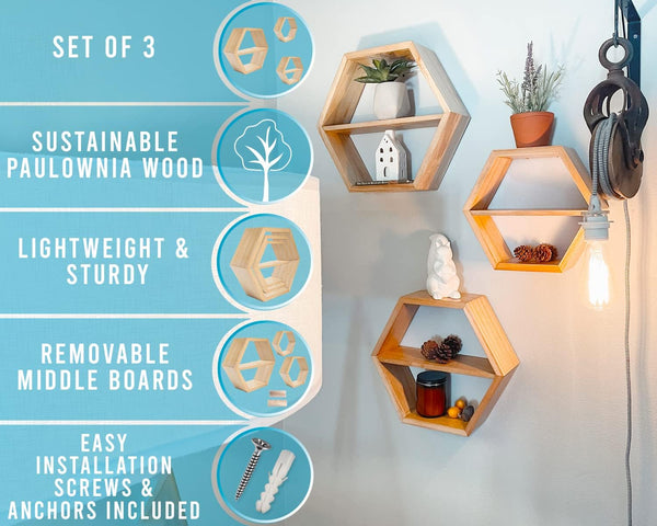 Rustic Wall Mounted Hexagonal Floating Shelves – Set of 3