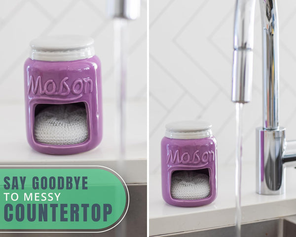 Farmhouse Ceramic Sponge Holder – Purple Mason Jar Sink Caddy with Free Sponge – Rustic Kitchen Decor by Comfify