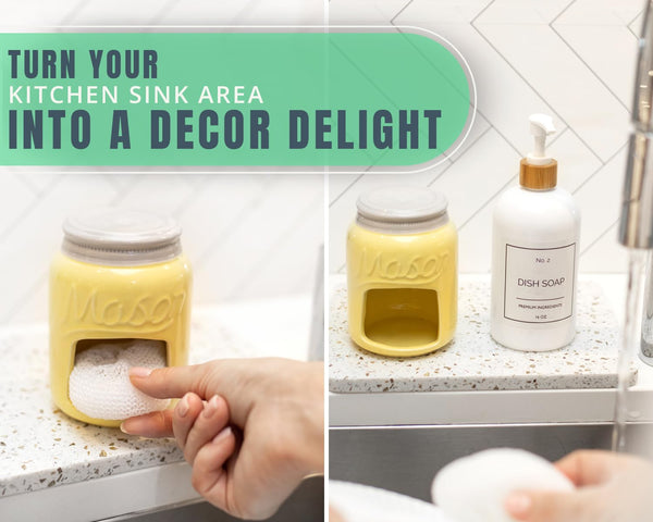 Farmhouse Ceramic Sponge Holder – Mason Jar Sink Caddy in Yellow – Rustic Kitchen Decor with Free Sponge