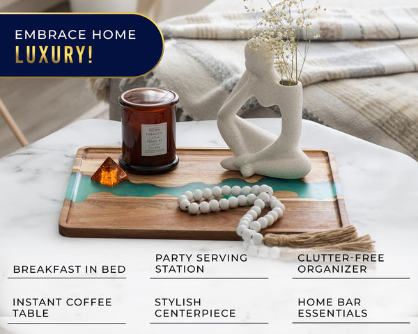Celeste Blue Resin & Acacia Wood Serving Tray – Modern 12x16 Inch Tray for Serving Food, Breakfast in Bed, Coffee Table Decor, Snacks, Patio, and Organization