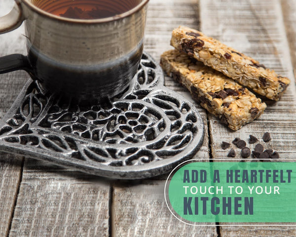 Cast Iron “Heart” Trivet with Rustic Finish and Rubber Pegs