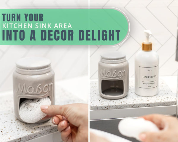 Farmhouse Ceramic Sponge Holder – Rustic Mason Jar Sink Caddy with Free Sponge – Grey Kitchen Decor