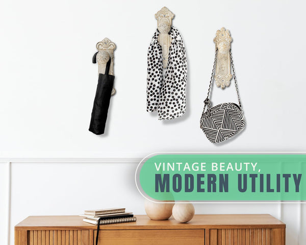 Set of 3 Shabby Chic Cast Iron Wall Hooks – Rustic White "Door Knob" Design – Vintage Decorative Coat Hooks with Screws & Anchors Included