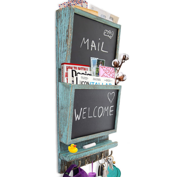 Rustic 2-Slot Mail Sorter Organizer for Wall with Chalkboard Surface & 3 Double Key Hooks