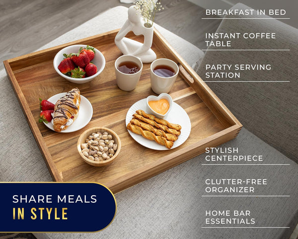 Extra Large 22" Acacia Wood Ottoman Tray with Handles – Square Serving Tray for Food, Drinks, Snacks & Entertaining – Rustic Brown