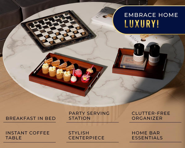 Modern Bamboo Serving Tray with Metal Handles – Dark Brown Wooden Ottoman Tray for Food, Entertaining & Decor