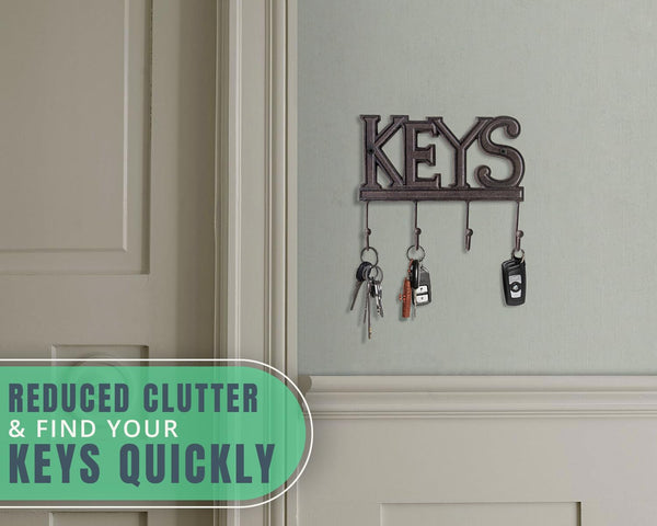 Rustic Farmhouse Wall Key Holder – Vintage Cast Iron Key Rack with 4 Hooks – Decorative Wall Mount Organizer with Screws & Anchors – 6x8” (Brown)