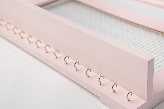 Rustic Wall-Mounted Jewelry Organizer – Pink Wooden Holder with Shelf, Bracelet Rod & 16 Hooks for Earrings & Necklaces