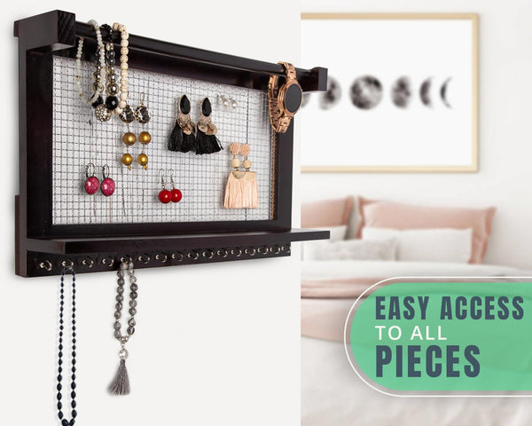 Rustic Wall Mounted Jewelry Organizer – Vintage Jewelry Holder with Shelf, Removable Bracelet Rod & 16 Hooks for Earrings, Necklaces & Bracelets