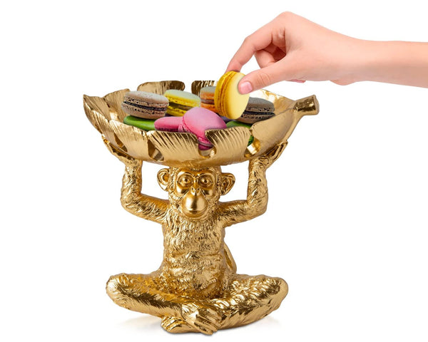Adorable Monkey Resin Bowl with Split Leaf Dish – Detailed Sculpture for Snacks, Nuts, Candies & More – Modern Gold Finish Decor for Keys & Jewelry