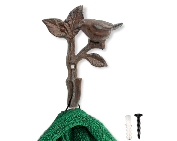 Rustic Bird on a Branch Wall Hook – Heavy Duty Metal Hanger, Vintage Recycled Design, Decorative & Functional (Rust Brown) – front view – Comfify