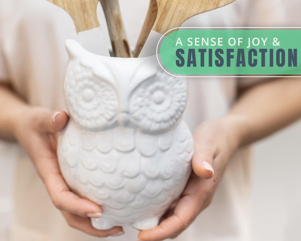 Owl Utensil Holder Decorative Ceramic Cookware Crock & Organizer, in Lovely White Color - Utensil Shaped Caddy and Perfect Kitchen Ceramic Decor Gift for Countertop - 5” x 7” x 4” Size – lifestyle in kitchen – Comfify