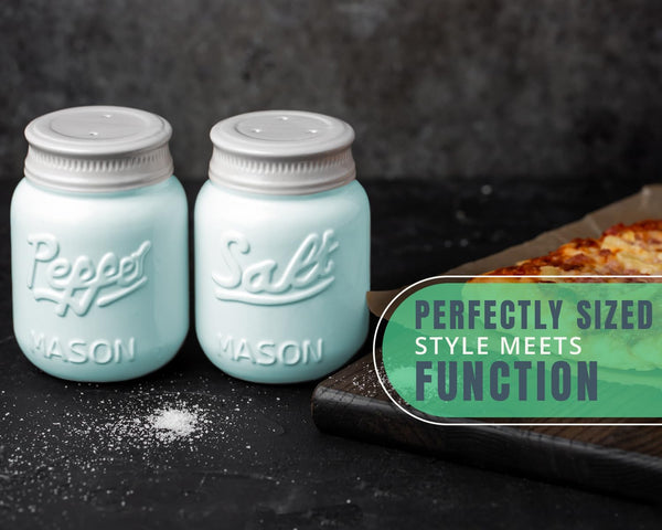 Vintage Mason Jar Salt & Pepper Shakers – Aqua Blue Ceramic Set by Comfify | Rustic, Shabby Chic Kitchen Decor